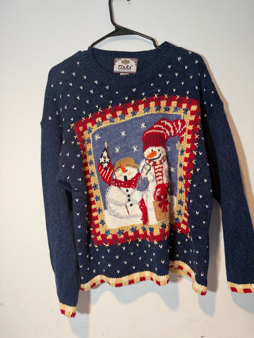 Vtg Tiara International Snowman Christmas Sweater size L y2k
